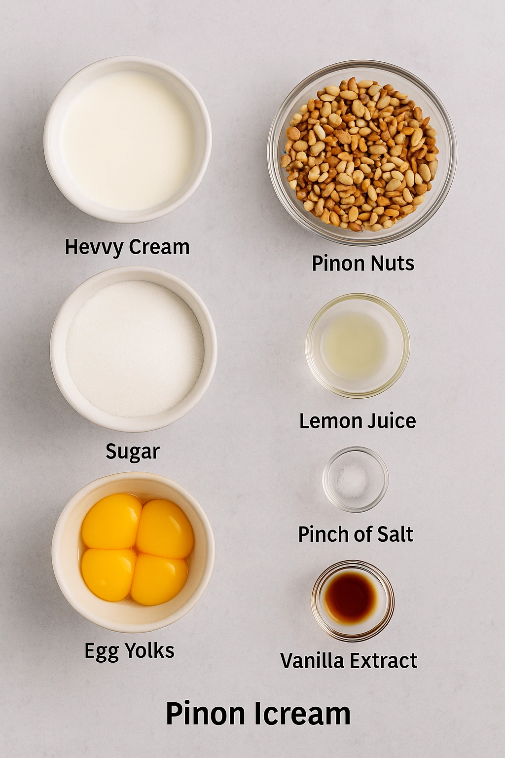 Pinon Ice Cream Ingredients Ingredients for pinon ice cream including piñon nuts, cream, eggs, and sugar