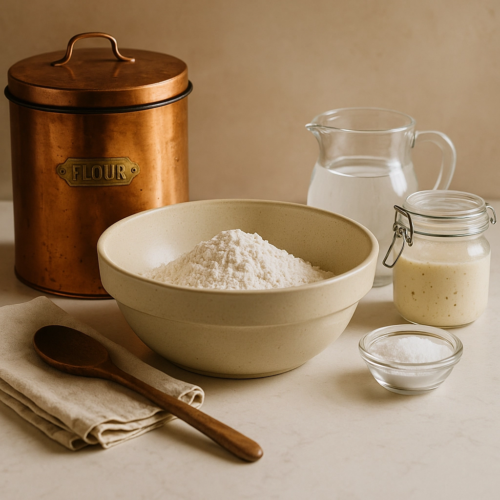 sourdough bread recipe ingredients on kitchen counter