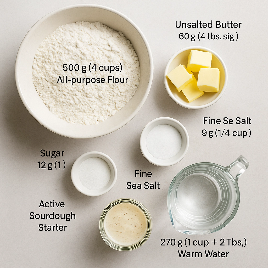 Ingredients for Sourdough Sandwich Bread Recipe sourdough sandwich bread recipe ingredients on counter