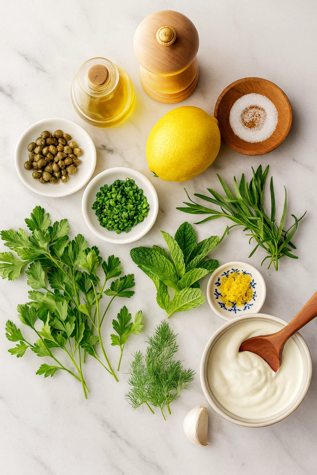 Ingredients for Green Goddess Salad arranged on a table