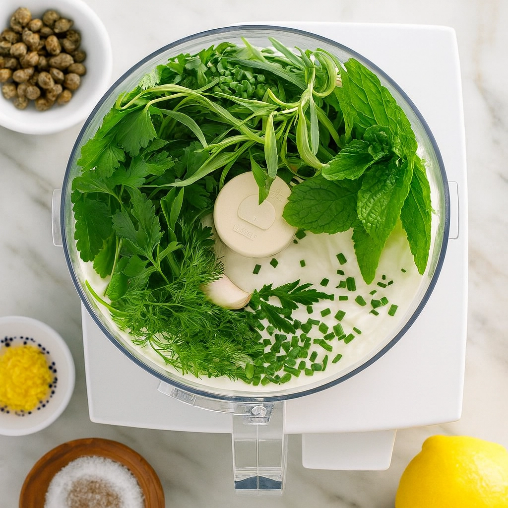 Mixing Green Goddess Salad dressing in a blender