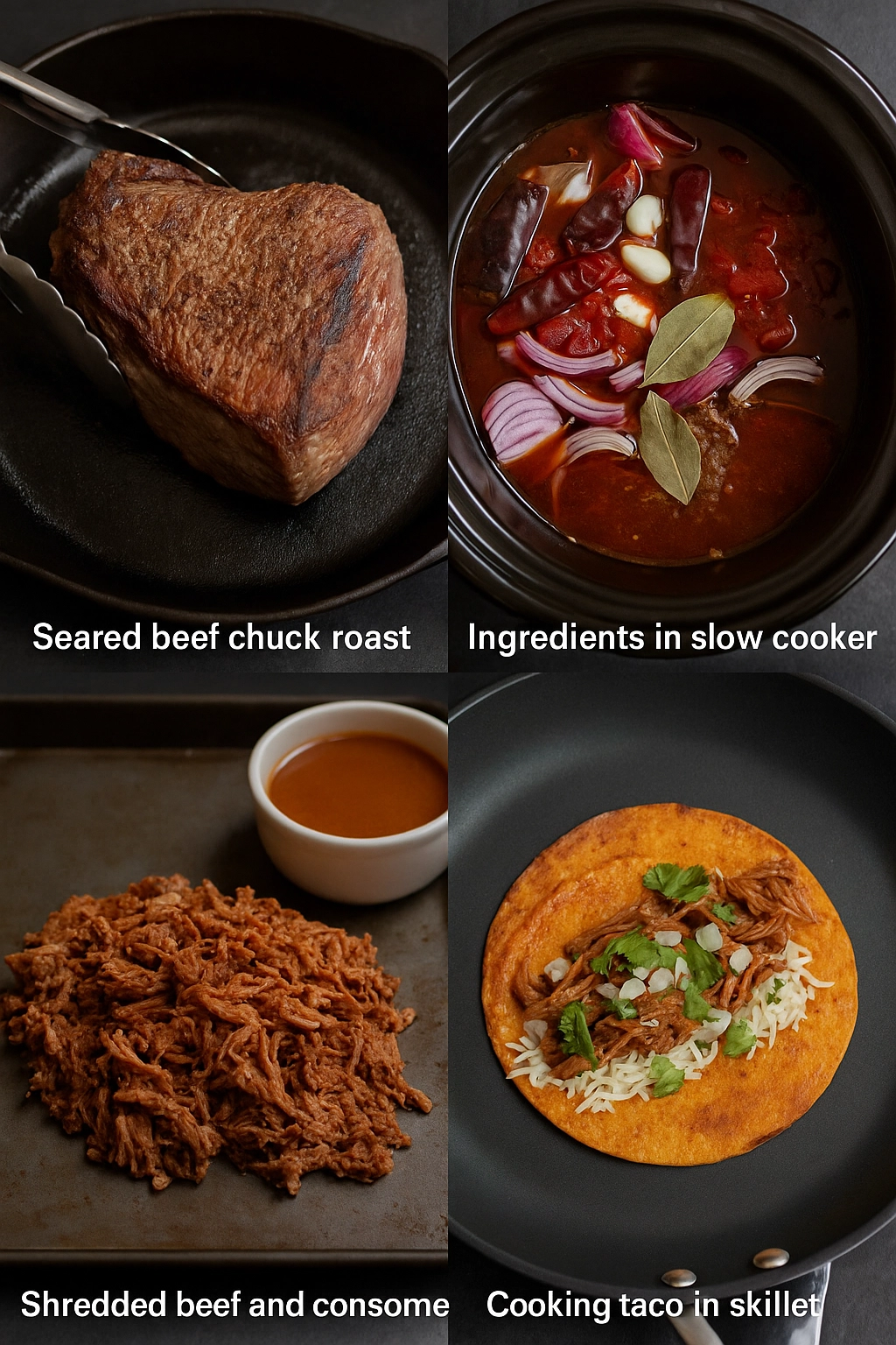 Step-by-step process for making crockpot birria tacos