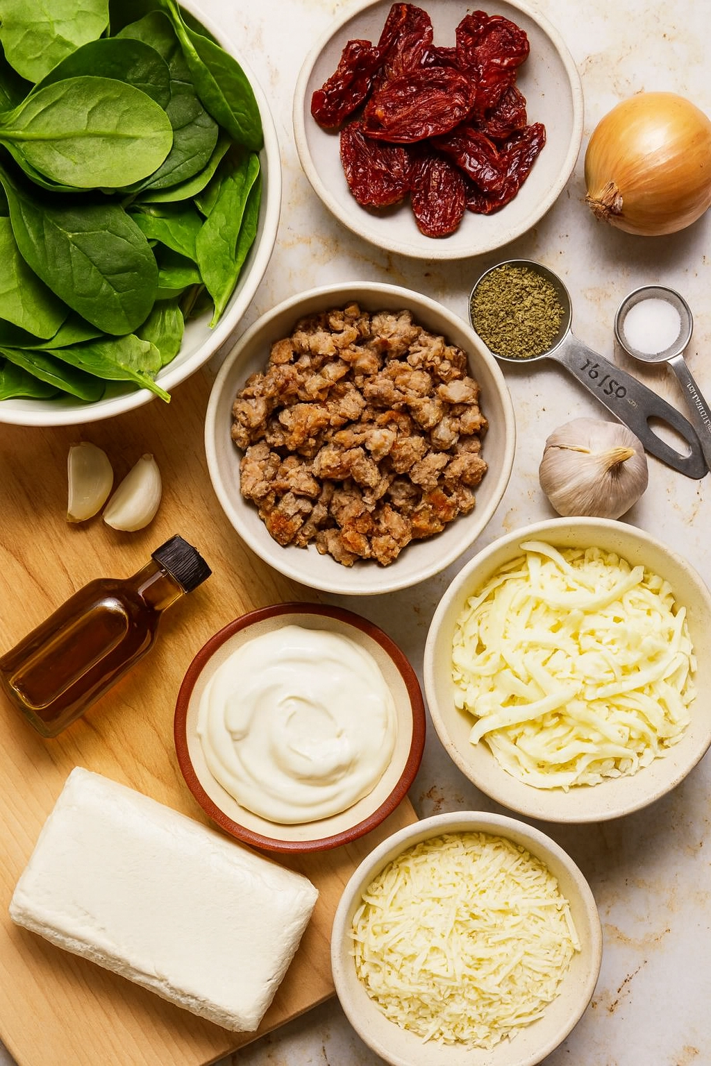 Marry Me Dip ingredients with cheeses, sausage, and spinach