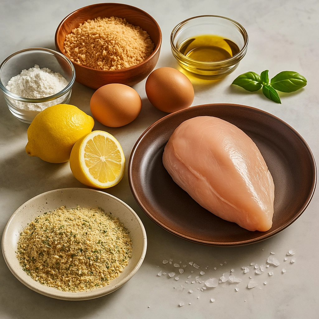 Chicken milanese ingredients on table including eggs, flour, breadcrumbs, and lemon
