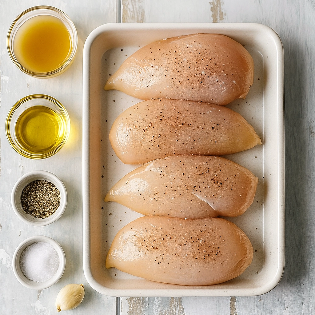 ingredients for shredded chicken recipe including broth and olive oil