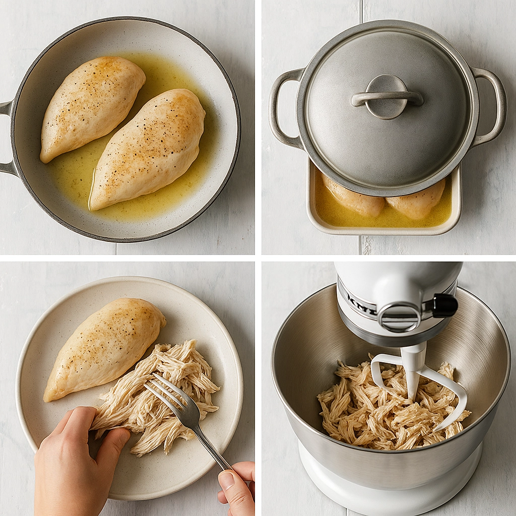 step-by-step shredded chicken recipe cooking in skillet