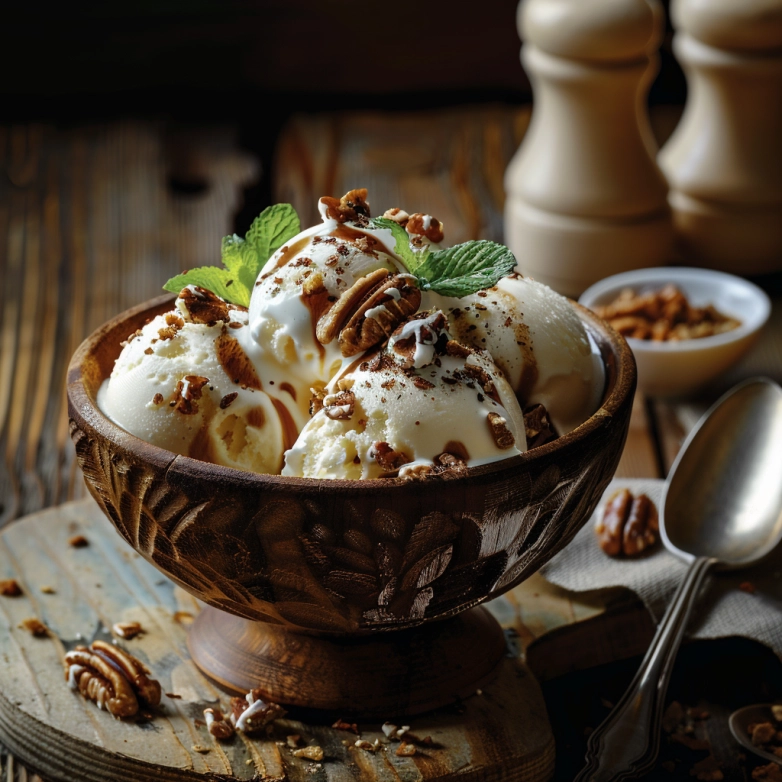 Homemade pinon ice cream with toasted piñon nuts in a bowl