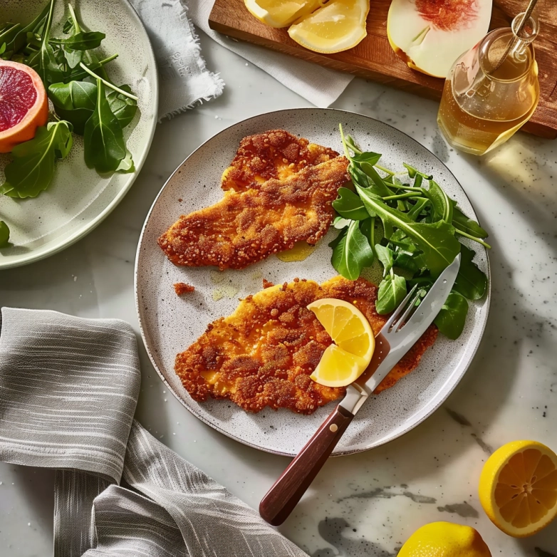 Crispy chicken milanese with lemon butter sauce on plate
