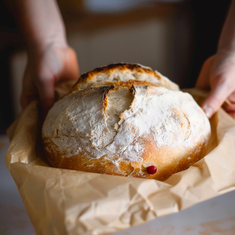 freshly baked sourdough bread recipe loaf on parchment paper