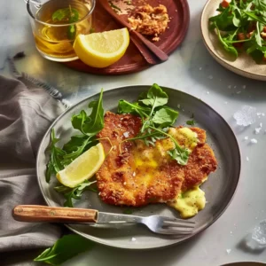 Crispy chicken milanese with lemon butter sauce on plate