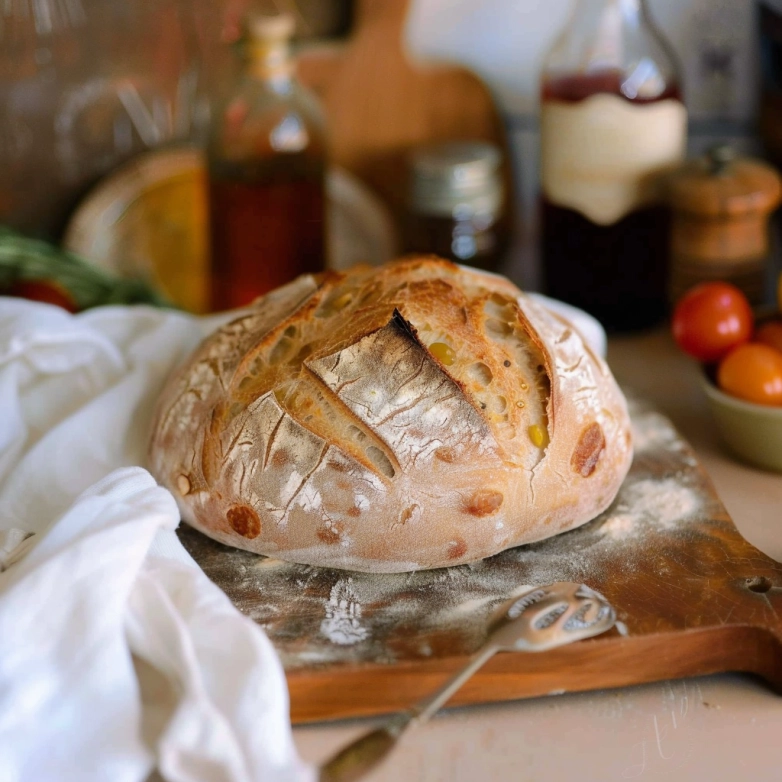 freshly baked sourdough bread recipe loaf on parchment paper