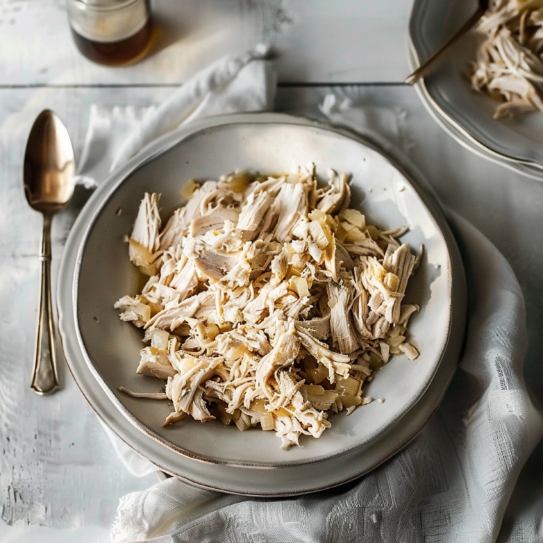 easy shredded chicken recipe in a bowl with herbs