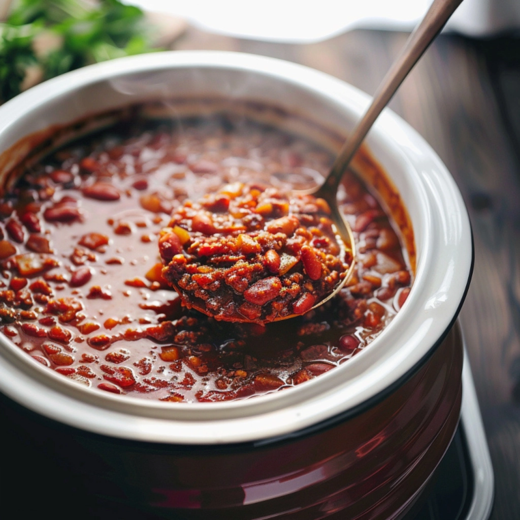 Award-winning crockpot chili recipe served in a bowl with toppings