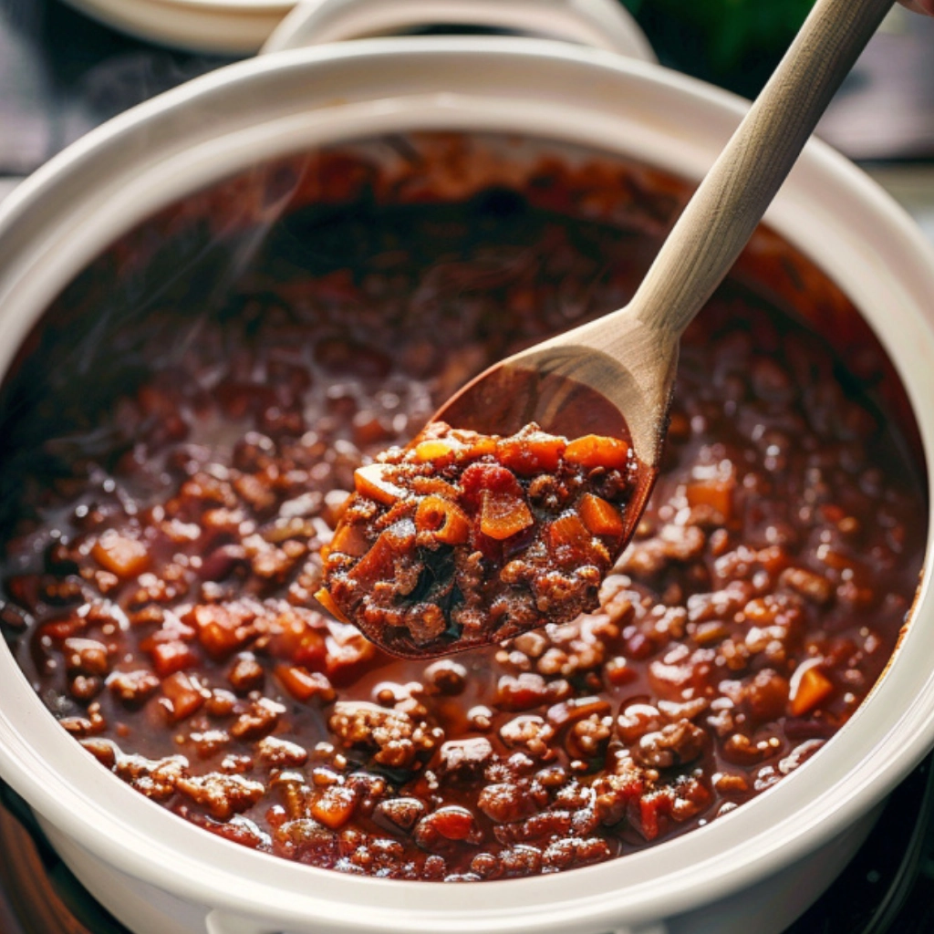 Award-winning crockpot chili recipe served in a bowl with toppings