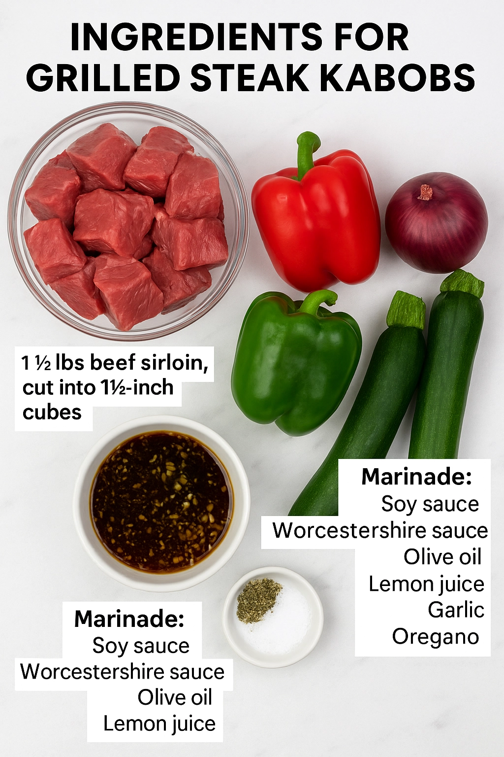 ingredients for grilled steak kabobs on cutting board