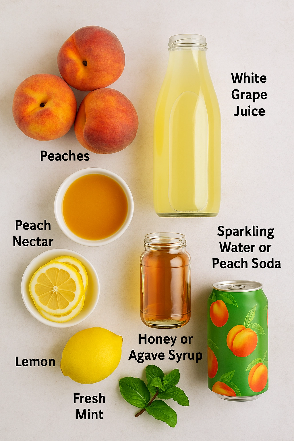 Ingredients for Peach Sangria including peaches, juices, mint, and lemon