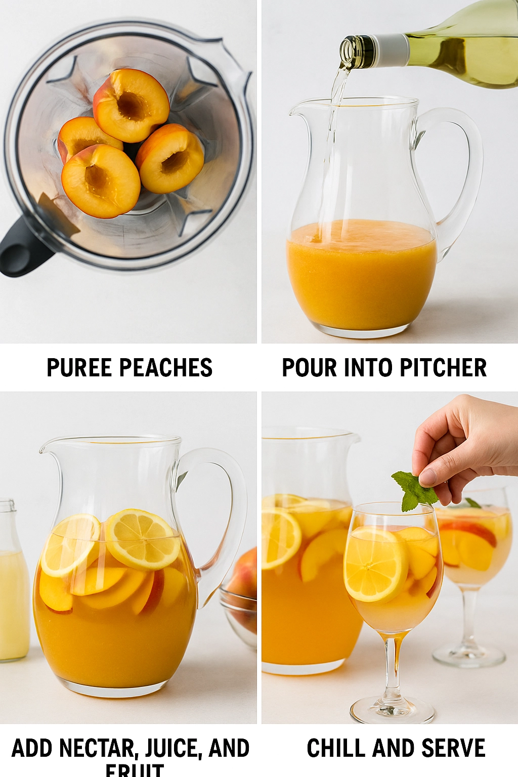 Mixing non-alcoholic Peach Sangria in a glass pitcher