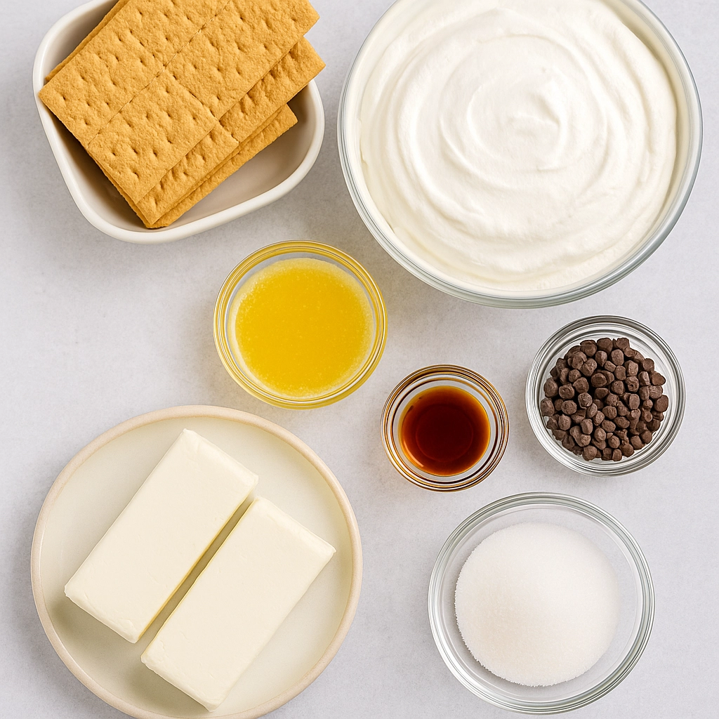 Ingredients for No Bake Chocolate Chip Cheesecake
