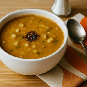 A bowl of hot, garnished Drumstick Soup Recipe (Murungakkai Soup) with a spoon resting on the rim.