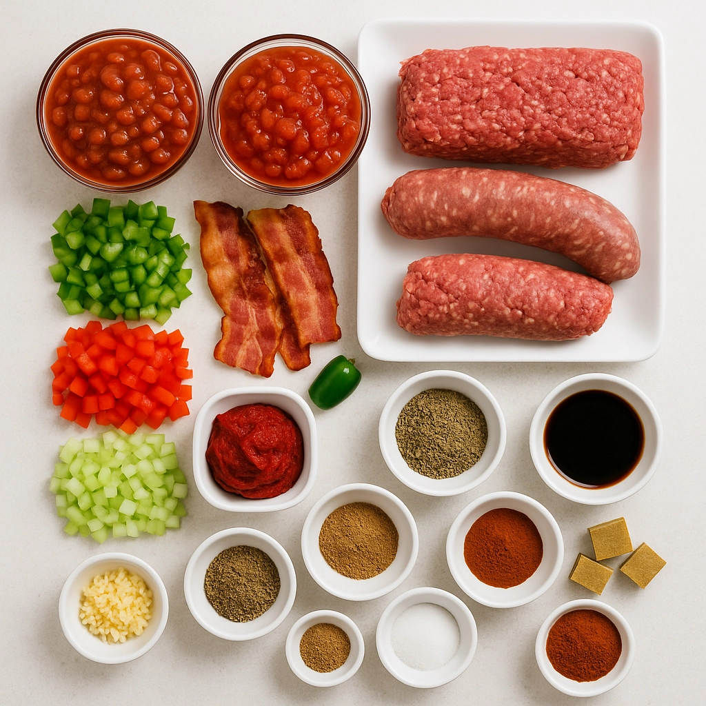 : Crockpot chili recipe ingredients laid out on a kitchen counter