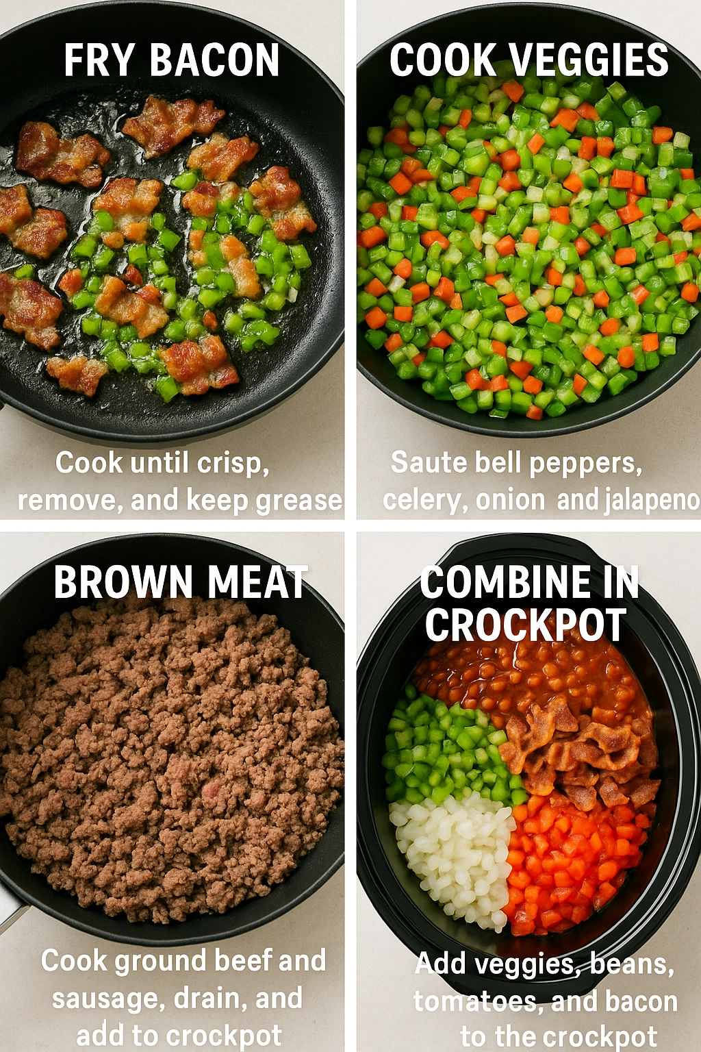 Step-by-step process of making crockpot chili recipe in a slow cooker