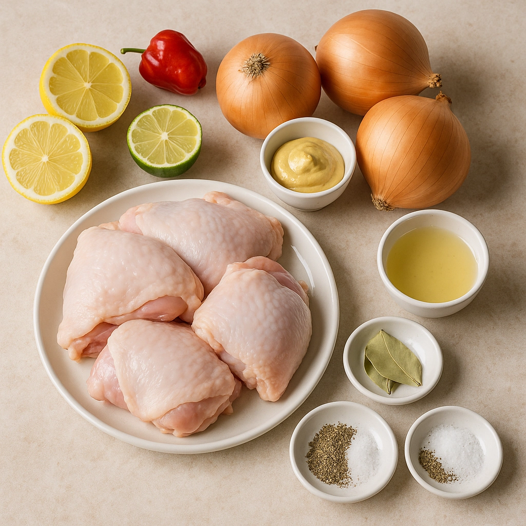 Ingredients for Chicken Yassa recipe including chicken, onions, lemon, and Scotch bonnet Ingredients for Chicken Yassa recipe including chicken, onions, lemon, and Scotch bonnet