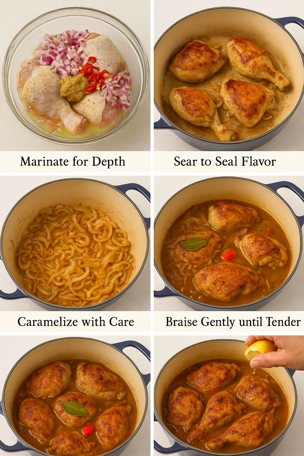 Cooking Chicken Yassa recipe with caramelizing onions in a pot Cooking Chicken Yassa recipe with caramelizing onions in a pot