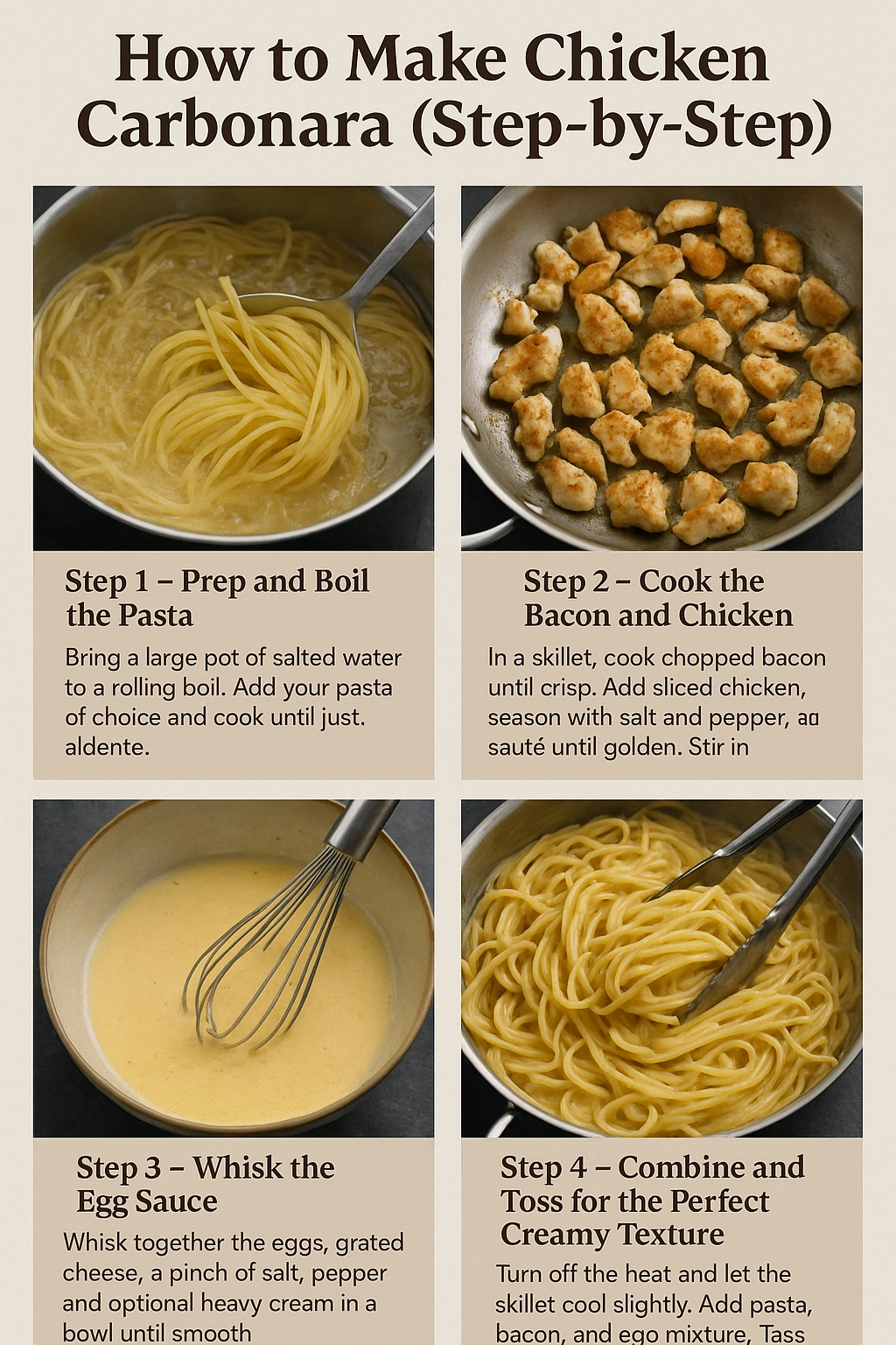 cooking steps for chicken carbonara recipe in pan cooking steps for chicken carbonara recipe in pan