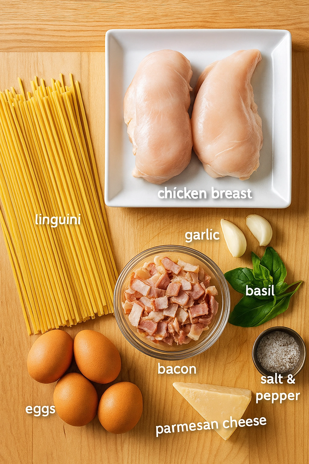 ingredients for chicken carbonara recipe on wooden board ingredients for chicken carbonara recipe on wooden board