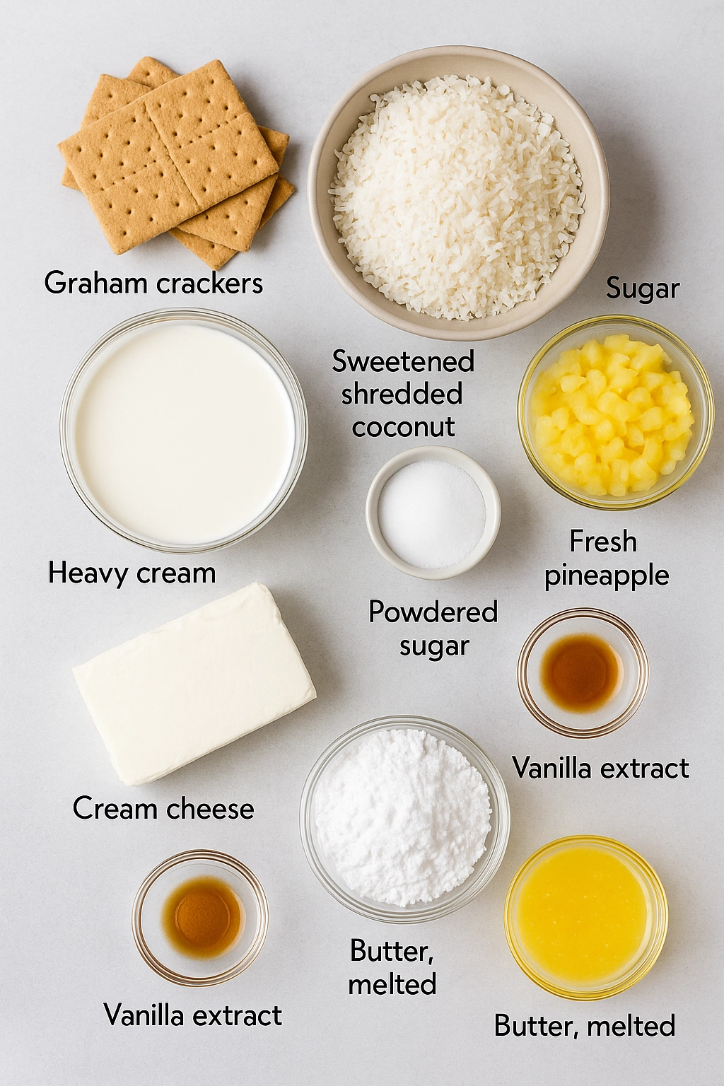Ingredients for Pina Colada Cheesecake Mousse including pineapple, coconut, and cream cheese