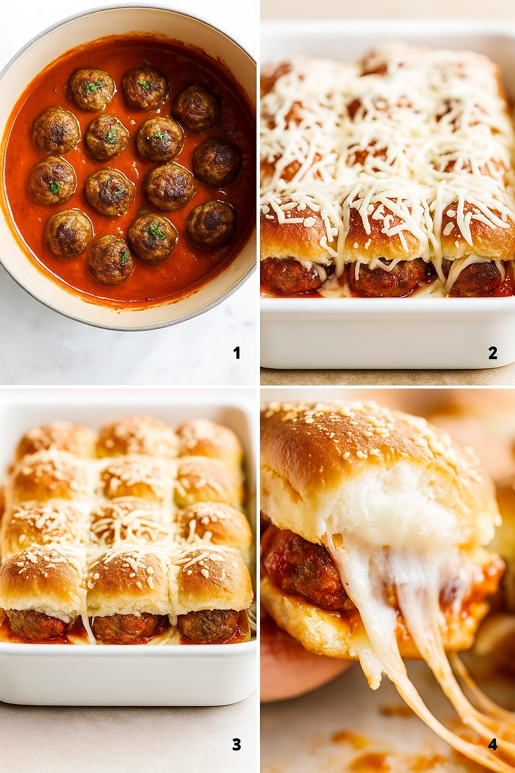 Step-by-step Meatball Sliders being assembled in baking dish