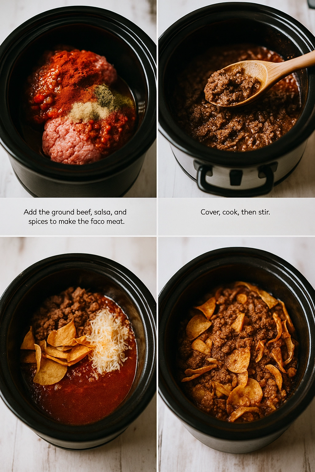 Step-by-step Crockpot Taco Casserole process in a slow cooker