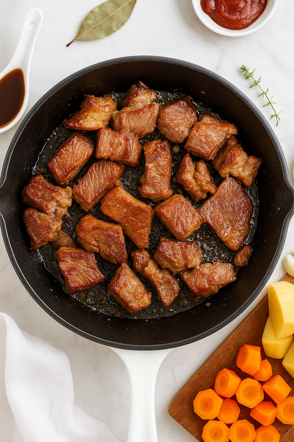 Step-by-step process of making beef stew with potatoes in a Dutch oven Step-by-step process of making beef stew with potatoes in a Dutch oven
