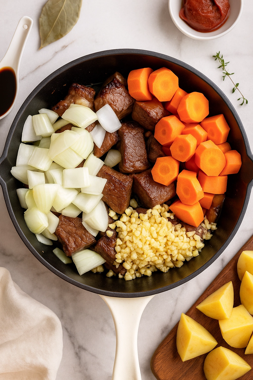Step-by-step process of making beef stew with potatoes in a Dutch oven Step-by-step process of making beef stew with potatoes in a Dutch oven