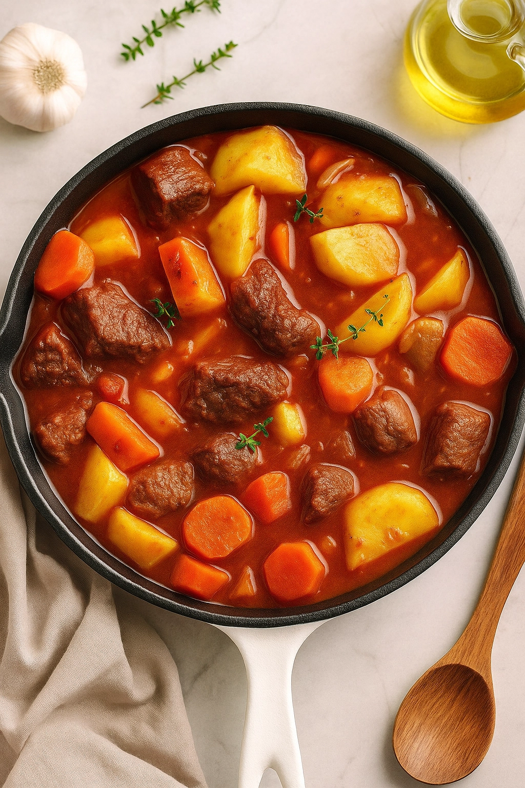 Homemade beef stew with potatoes served in a rustic bowl Homemade beef stew with potatoes served in a rustic bowl