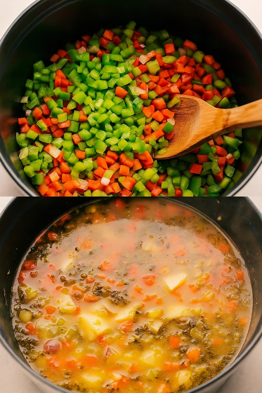 Cooking creamy vegetable soup in a pot with broccoli and cheese