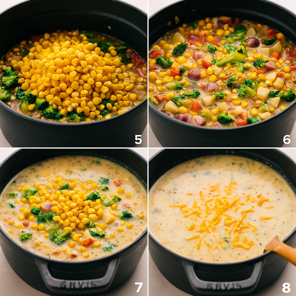 Cooking creamy vegetable soup in a pot with broccoli and cheese