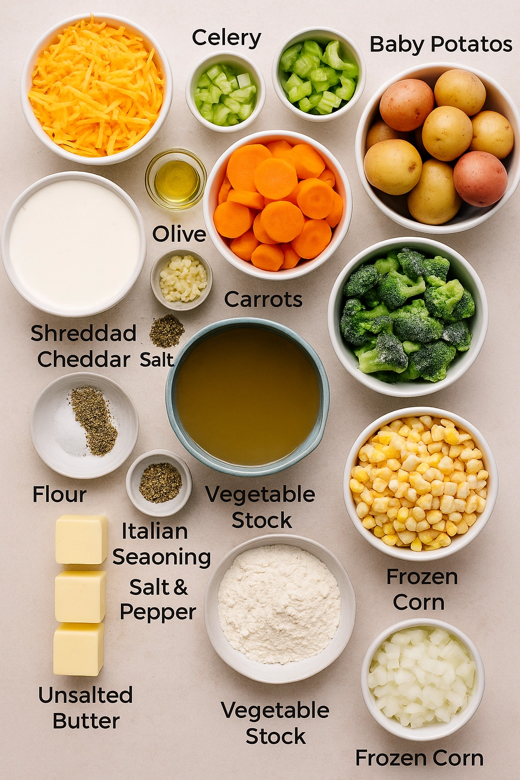 Ingredients for creamy vegetable soup including vegetables, butter, and cheese
