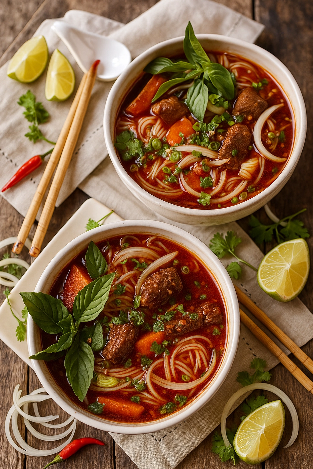 Spicy Vietnamese Beef Stew served with noodles and fresh herbs