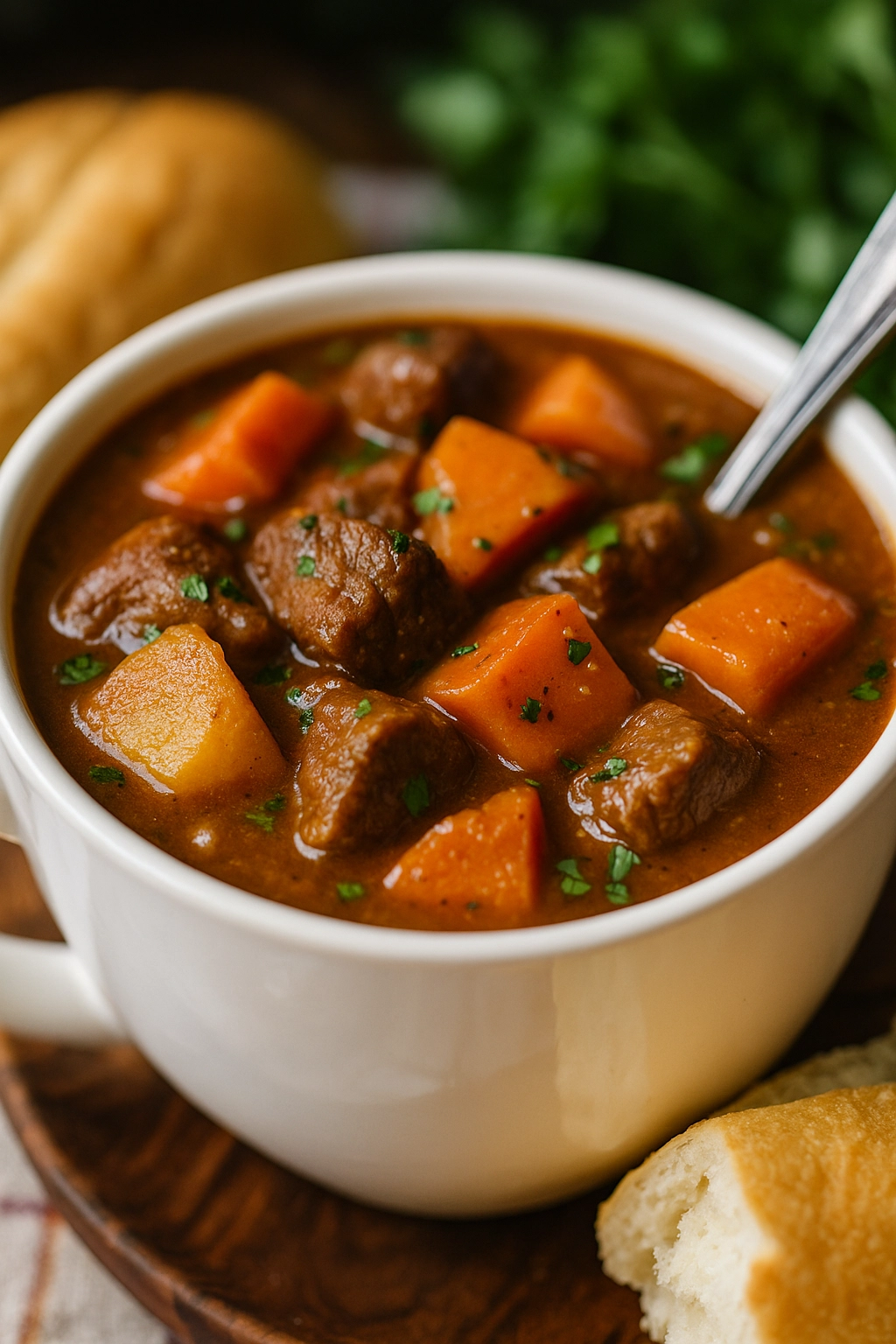 Sweet Potato Beef Stew served in a Dutch oven with herbs