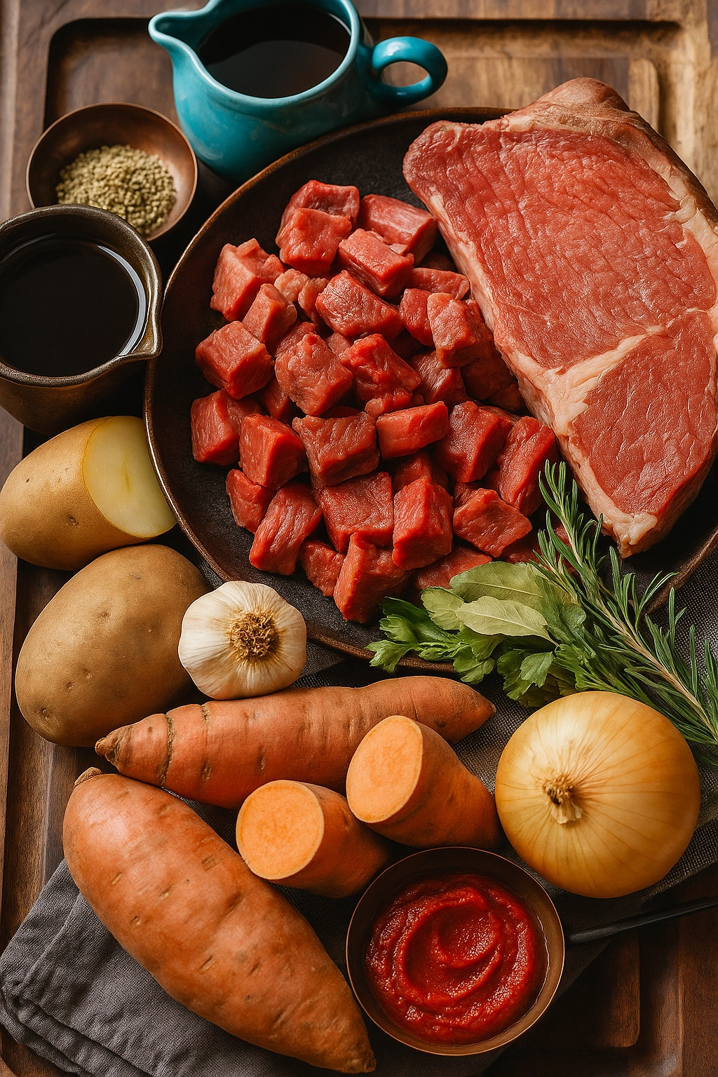 Ingredients for Sweet Potato Beef Stew displayed on counter