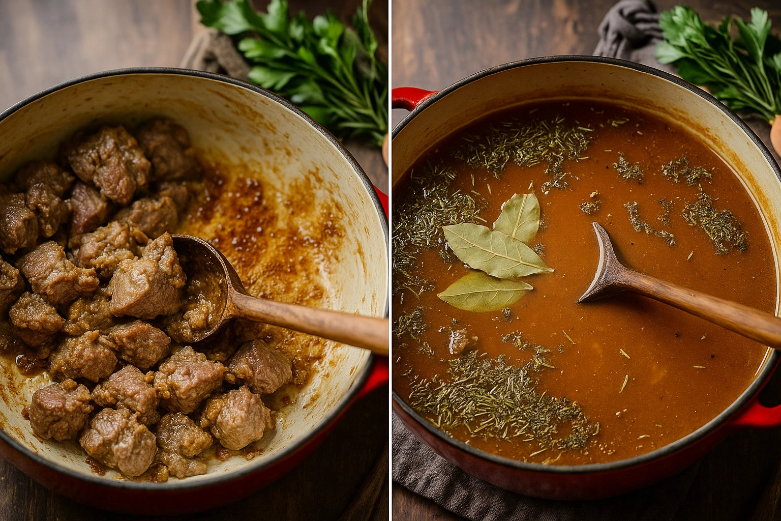 Cooking Sweet Potato Beef Stew step by step in a Dutch oven