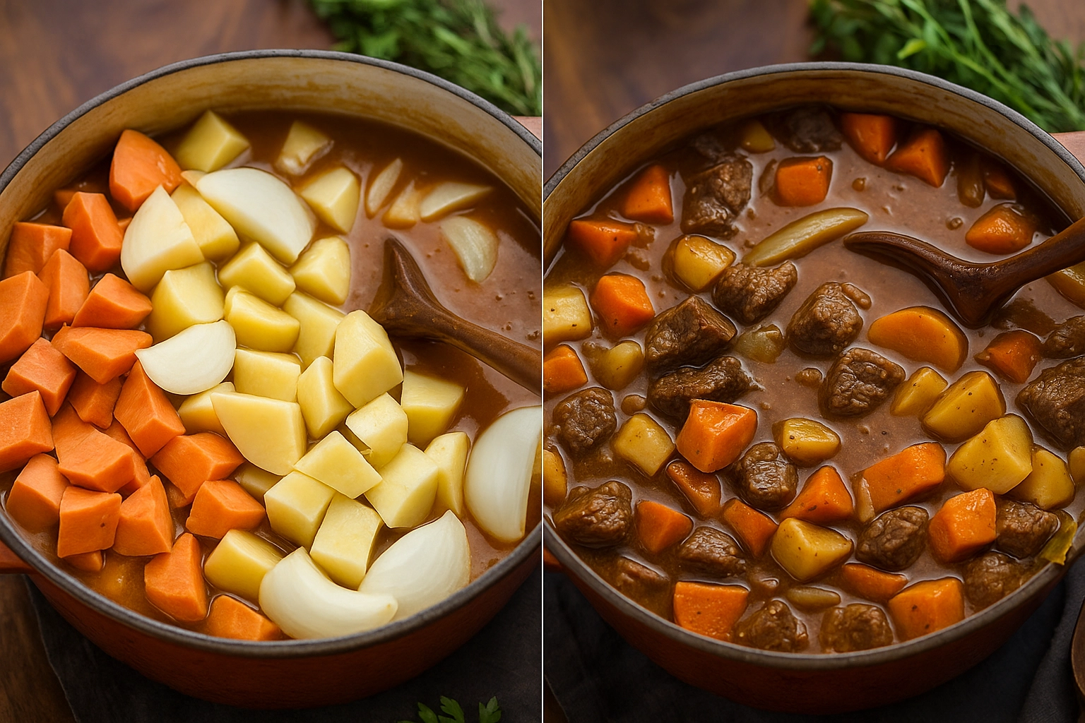 Cooking Sweet Potato Beef Stew step by step in a Dutch oven