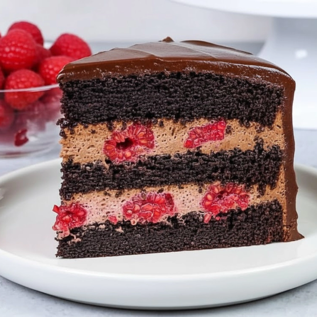 Slice of tall, elegant Chocolate Raspberry Mousse Cake with clear layers and a high-shine mirror glaze.
