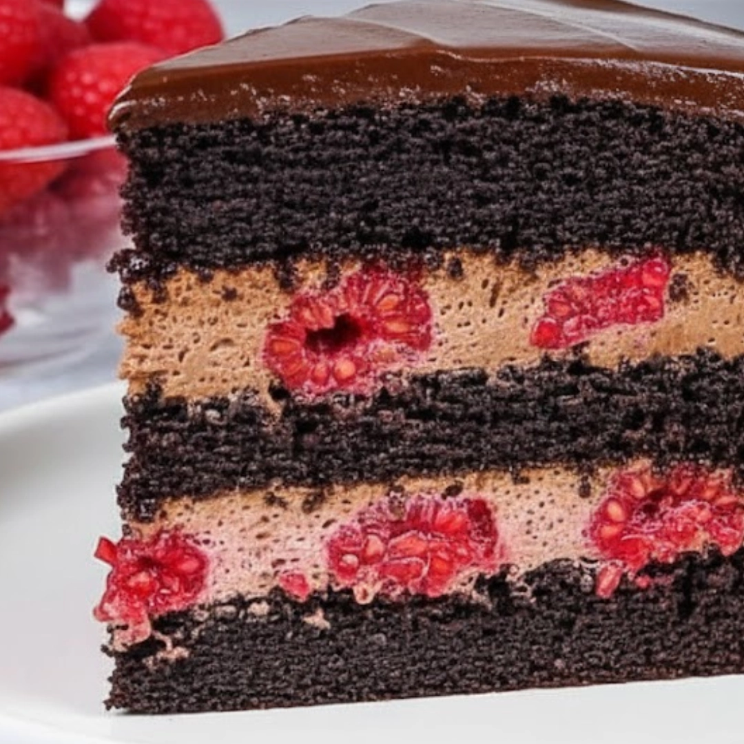 Slice of tall, elegant Chocolate Raspberry Mousse Cake with clear layers and a high-shine mirror glaze.