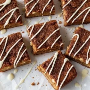Stack of homemade Cinnamon Sugar Blondies showing a gooey center and crackly cinnamon top on a cooling rack.