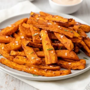 A close-up shot of perfectly golden and crispy Baked Sweet Potato Fries served in a bowl with a dipping sauce.