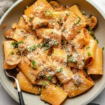 A close-up of creamy Gochujang Pasta with pan-seared chicken and scallion garnish, ready to eat.