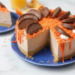 Slice of the ultimate Chocolate Orange Cheesecake with orange glaze and chocolate shavings.