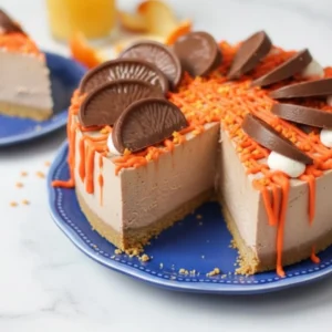 Slice of the ultimate Chocolate Orange Cheesecake with orange glaze and chocolate shavings.